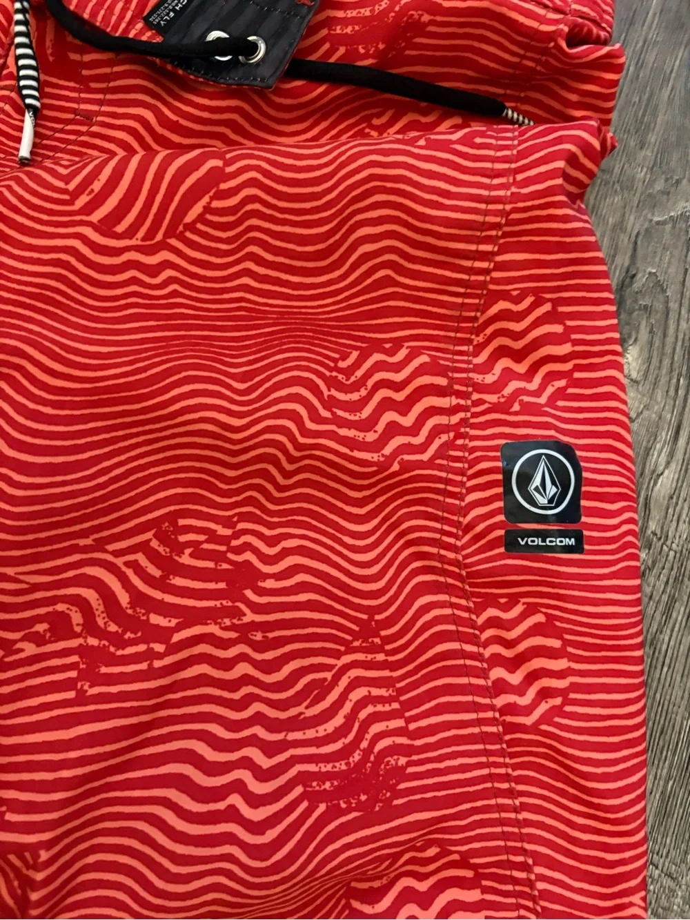 Volcom Red Wave-Pattern Kids Swim Trunks